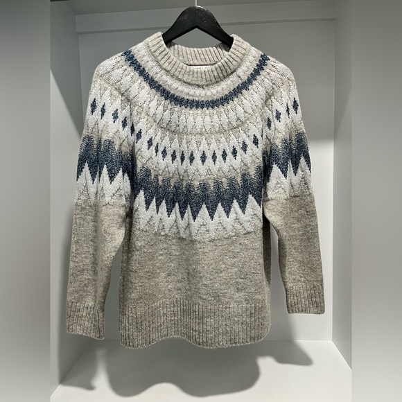 MANGO MNG Casual Cozy Gray and Blue Fair Isle Knit Sweater metallic size XS - Picture 1 of 7